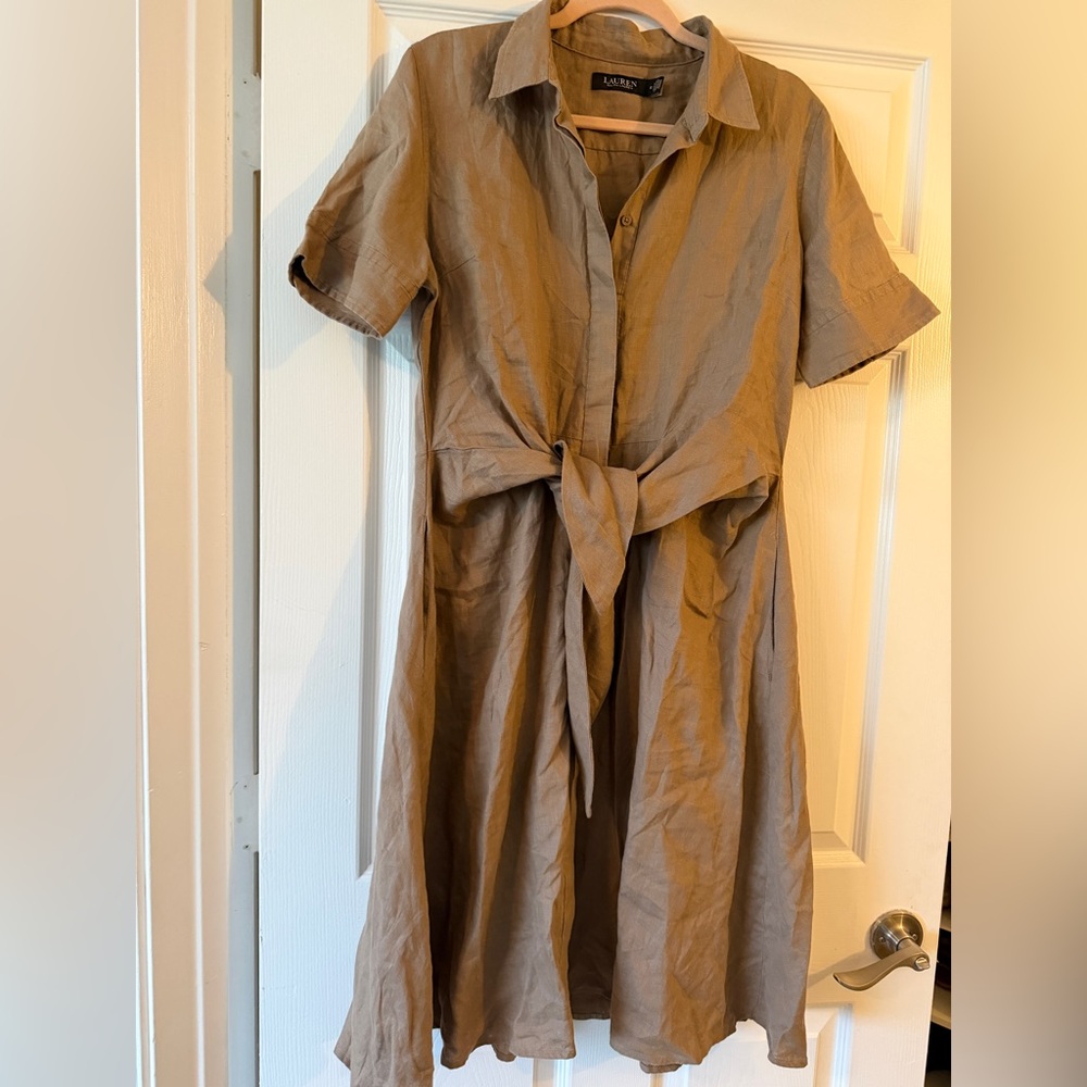 Ralph Lauren Knot-Tie Midi Shirt Dress in Camel Brown - Picture 6 of 9